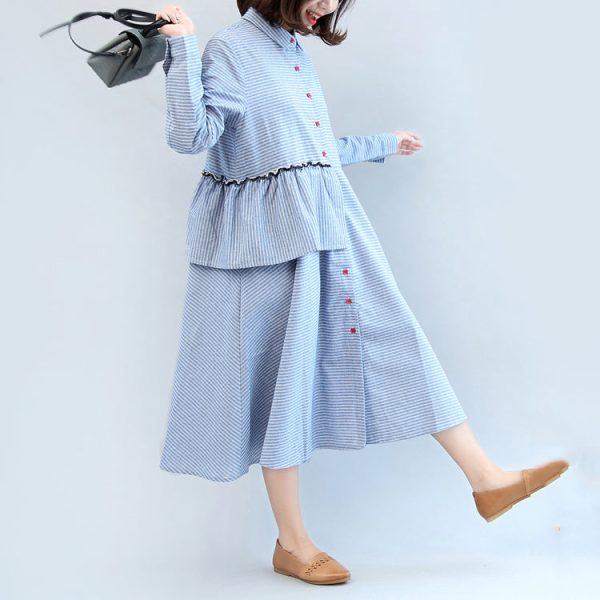 ruffles blue white striped cotton dresses plus size casual - Image 2