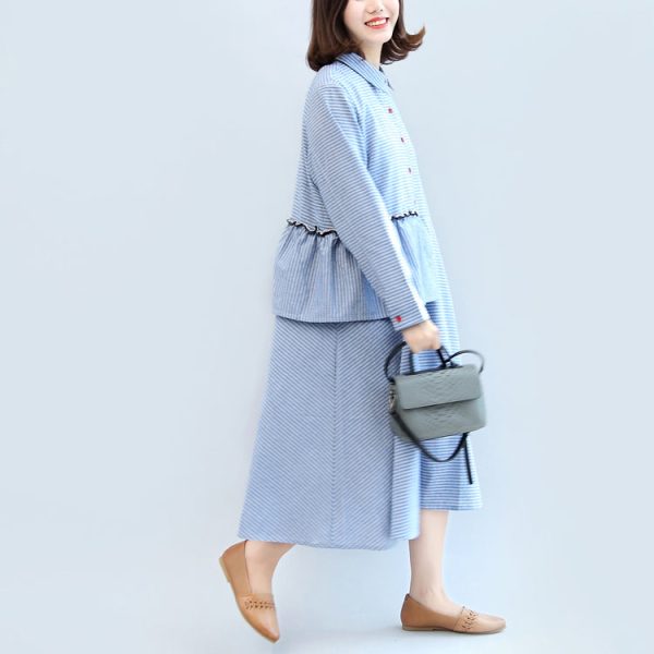 ruffles blue white striped cotton dresses plus size casual - Image 3