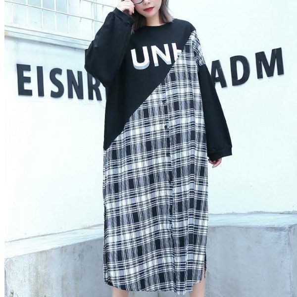 stylish black Plaid patchwork cotton blended dresses O neck caftans women side open baggy dresses - Image 2