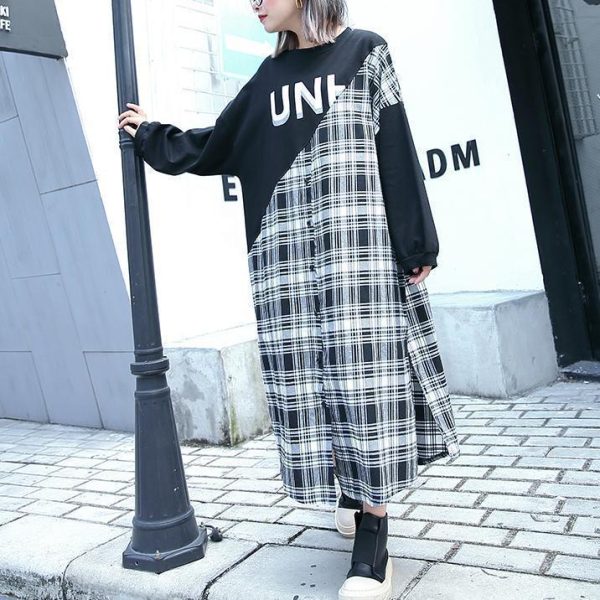 stylish black Plaid patchwork cotton blended dresses O neck caftans women side open baggy dresses - Image 3