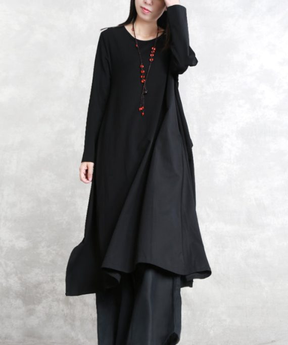 stylish black cotton blended side open dresses plus size o neck pockets New long sleeve asymmetric baggy dresses