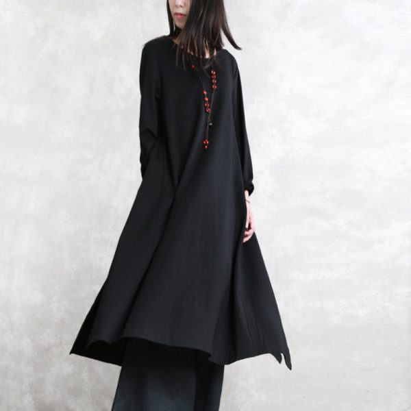 stylish black cotton blended side open dresses plus size o neck pockets New long sleeve asymmetric baggy dresses - Image 2