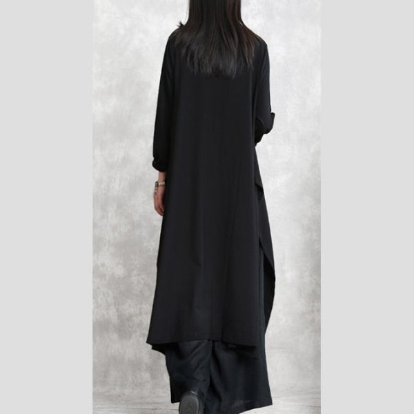 stylish black cotton blended side open dresses plus size o neck pockets New long sleeve asymmetric baggy dresses - Image 4