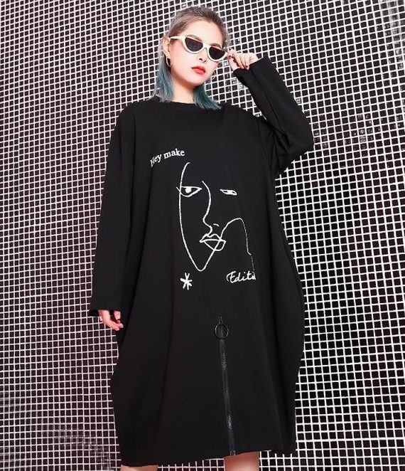 stylish black natural oversized linen cotton dress zippered baggy 2018 O neck midi dress