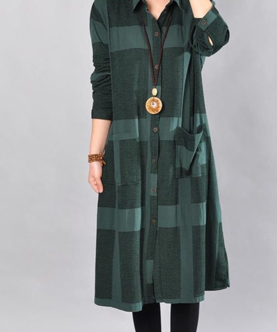 stylish blackish green Midi-length cotton dress trendy plus size casual dress women long sleeve plaid cotton shirt dress