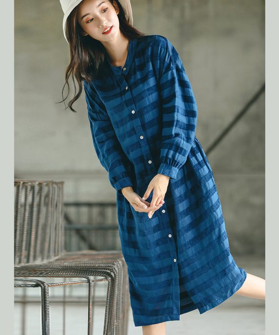 stylish blue striped oversized casual dress pockets Fine stand collar natural linen dress
