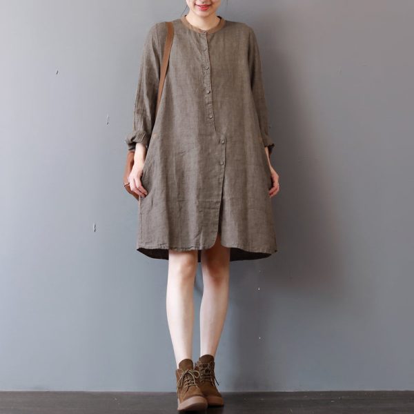 stylish chocolate linen shirt dress plus size traveling clothing long sleeve casual o neck dresses - Image 2