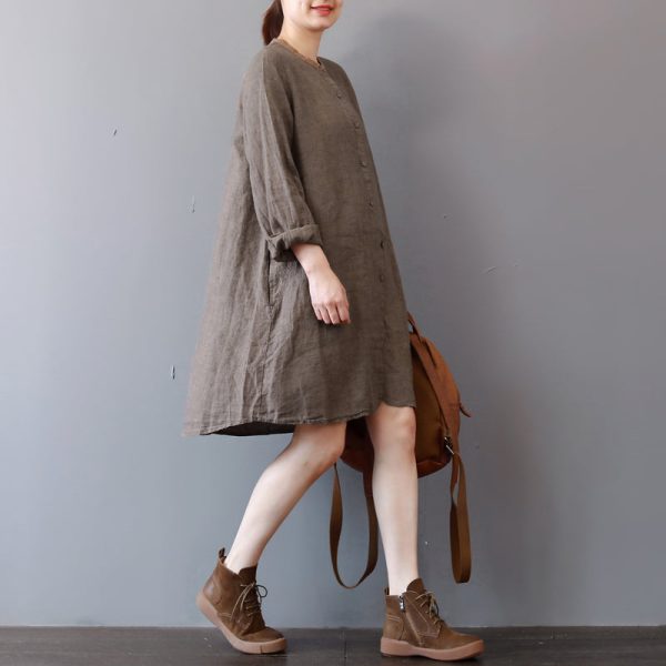 stylish chocolate linen shirt dress plus size traveling clothing long sleeve casual o neck dresses - Image 3