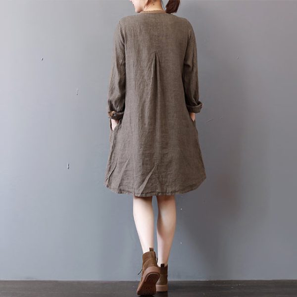 stylish chocolate linen shirt dress plus size traveling clothing long sleeve casual o neck dresses - Image 4
