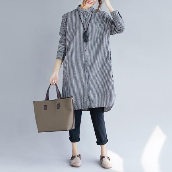 stylish gray striped cotton linen shirt dress trendy plus size shirt dress boutique long sleeve pockets Turn-down Collar patchwork natural cotton linen shirt dress - Image 2