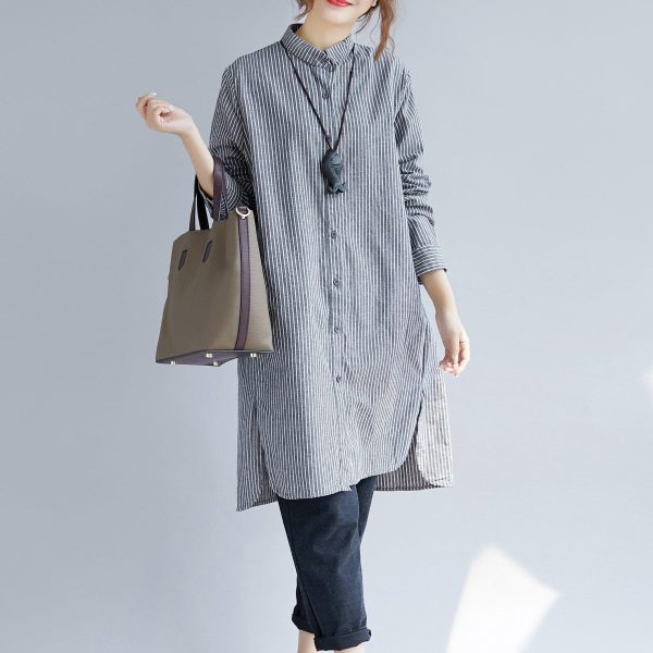 stylish gray striped cotton linen shirt dress trendy plus size shirt dress boutique long sleeve pockets Turn-down Collar patchwork natural cotton linen shirt dress - Image 3
