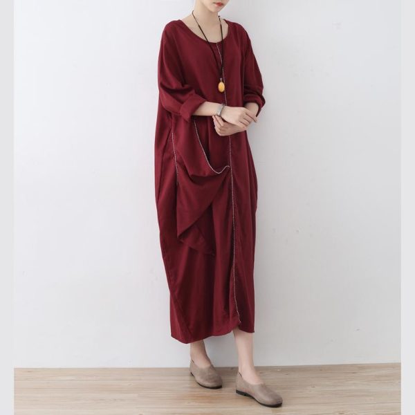 stylish red linen dress oversize asymmetrical hem traveling clothing New asymmetrical zippered kaftans - Image 2