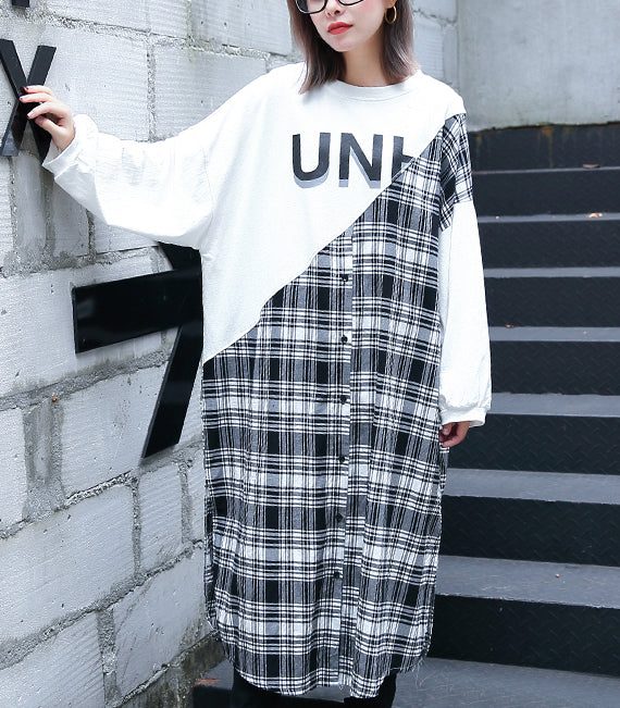 stylish white Plaid patchwork cotton blended caftans oversize O neck traveling dress fine side open baggy gown