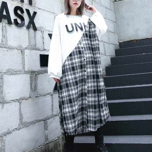 stylish white Plaid patchwork cotton blended caftans oversize O neck traveling dress fine side open baggy gown - Image 3