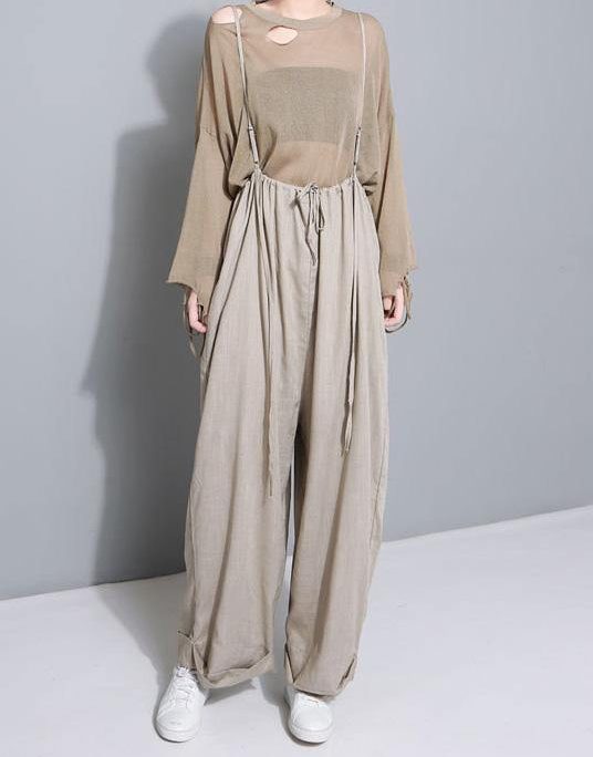 stylish women khaki cotton linen wide leg pants multiple wearing methods pants