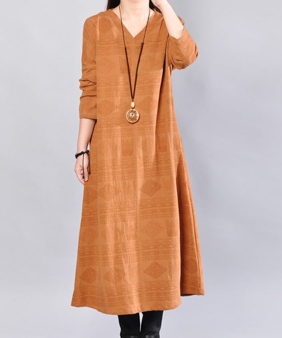 stylish yellow linen knee dress trendy plus size linen clothing dress 2018back side open v neck linen clothing dress