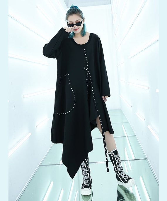 fine black Midi-length dress oversized traveling asymmetrical design boutique O neck autumn dress