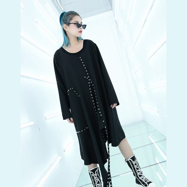 fine black Midi-length dress oversized traveling asymmetrical design boutique O neck autumn dress - Image 2