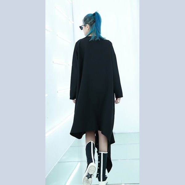 fine black Midi-length dress oversized traveling asymmetrical design boutique O neck autumn dress - Image 4