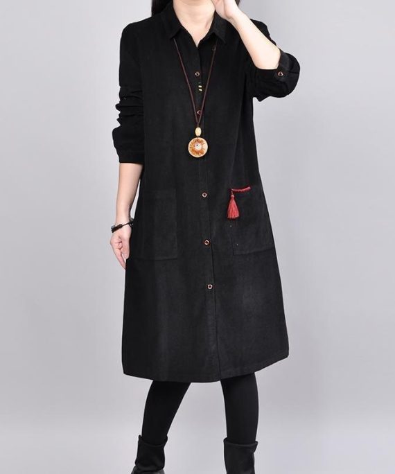fine black cotton tops plussize cotton cotton t shirt New lapel collar big pockets cotton clothing tops