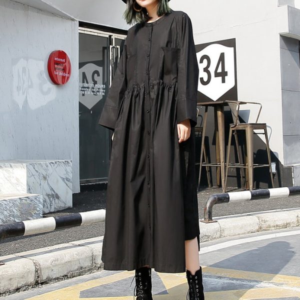 fine black long cotton dresses Loose fitting stand collar cotton clothing dress New elastic waist cotton caftans - Image 2