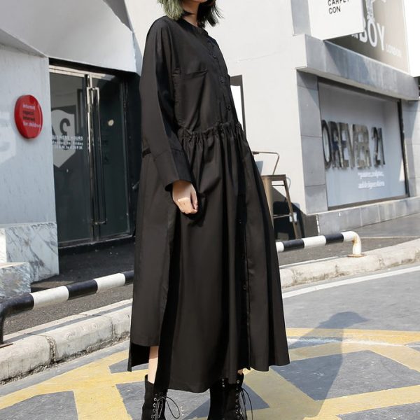 fine black long cotton dresses Loose fitting stand collar cotton clothing dress New elastic waist cotton caftans - Image 3