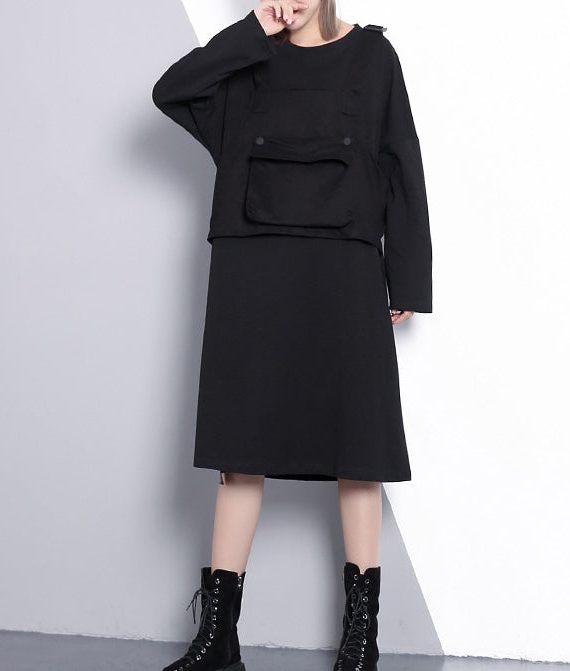 fine black oversize casual dress false two pieces casual O neck clothing dresses