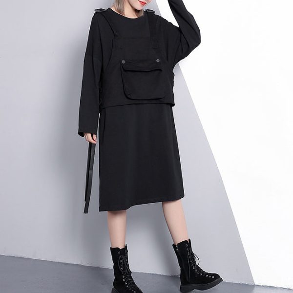 fine black oversize casual dress false two pieces casual O neck clothing dresses - Image 3
