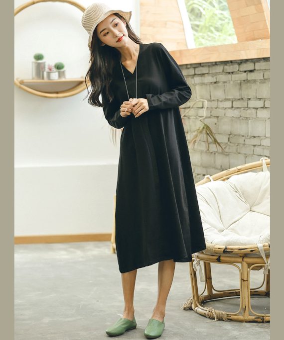 fine black plus size fall dresses baggy casual V neck Jacquard dresses