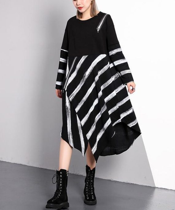 fine black striped 2018 fall plus size dresses asymmetrical design vintage O neck cotton blended dress