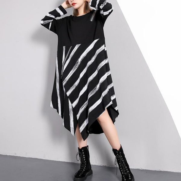 fine black striped 2018 fall plus size dresses asymmetrical design vintage O neck cotton blended dress - Image 2