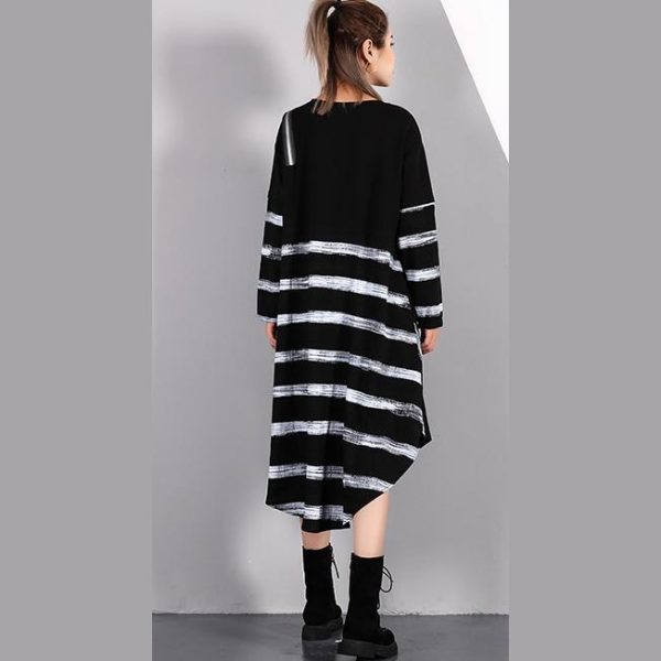 fine black striped 2018 fall plus size dresses asymmetrical design vintage O neck cotton blended dress - Image 4