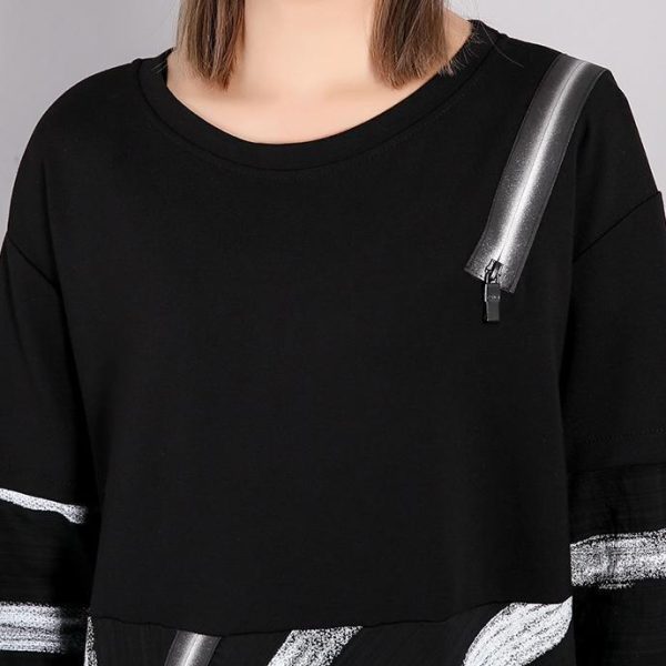 fine black striped 2018 fall plus size dresses asymmetrical design vintage O neck cotton blended dress - Image 5
