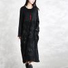 fine black striped autumn cotton blended dress plus size clothing O neck patchwork cotton blended gown casual long sleeve pockets maxi dresses