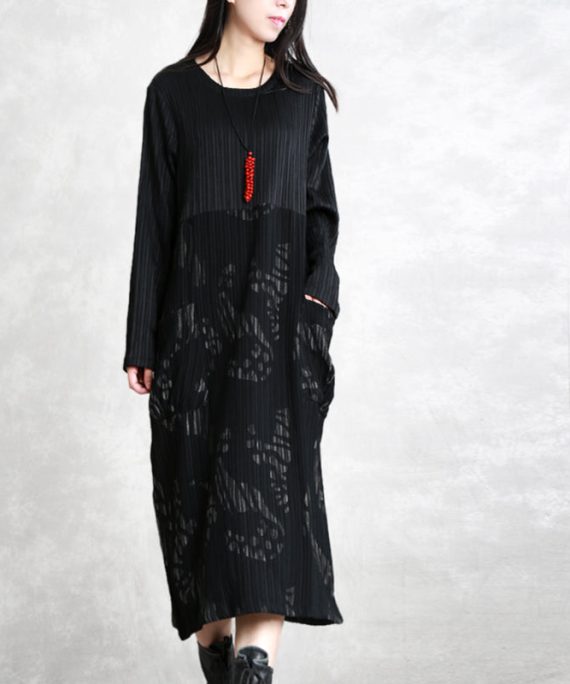 fine black striped autumn cotton blended dress plus size clothing O neck patchwork cotton blended gown casual long sleeve pockets maxi dresses