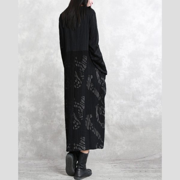 fine black striped autumn cotton blended dress plus size clothing O neck patchwork cotton blended gown casual long sleeve pockets maxi dresses - Image 4