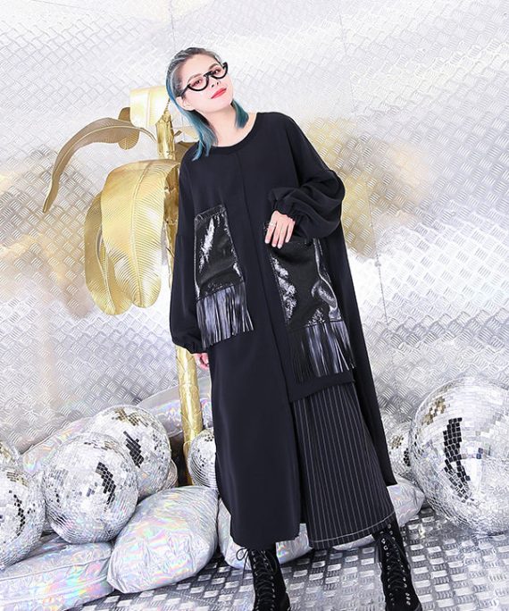 vintage black natural silk cotton blended dress trendy plus size O neck baggy dresses gown casual pockets tassel dresses