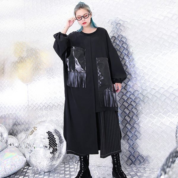 vintage black natural silk cotton blended dress trendy plus size O neck baggy dresses gown casual pockets tassel dresses - Image 2