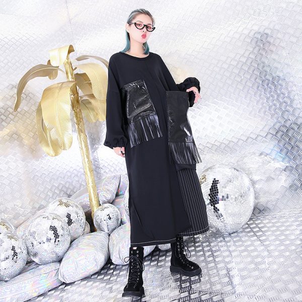 vintage black natural silk cotton blended dress trendy plus size O neck baggy dresses gown casual pockets tassel dresses - Image 3
