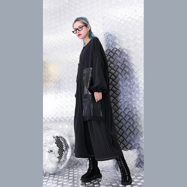 vintage black natural silk cotton blended dress trendy plus size O neck baggy dresses gown casual pockets tassel dresses - Image 4