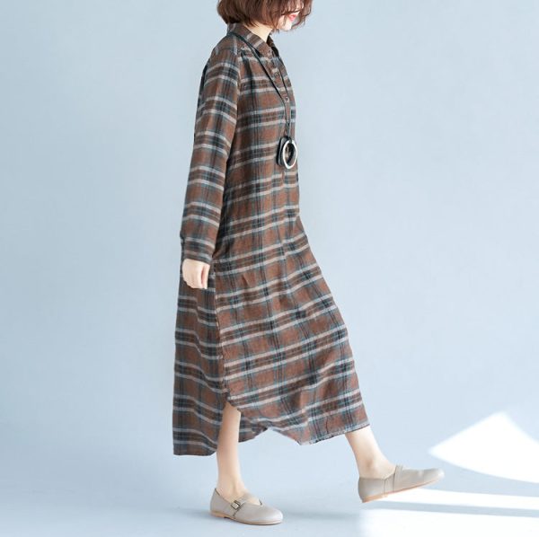 vintage chocolate Plaid cotton linen caftans plus size Turn-down Collar baggy dresses casual long sleeve dresses - Image 3