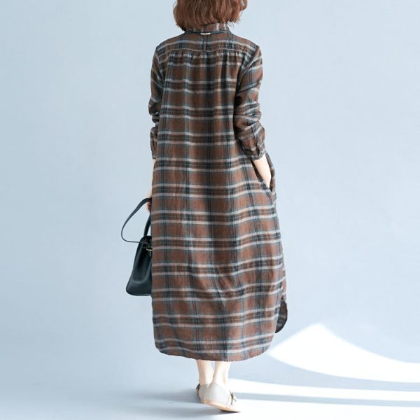 vintage chocolate Plaid cotton linen caftans plus size Turn-down Collar baggy dresses casual long sleeve dresses - Image 4