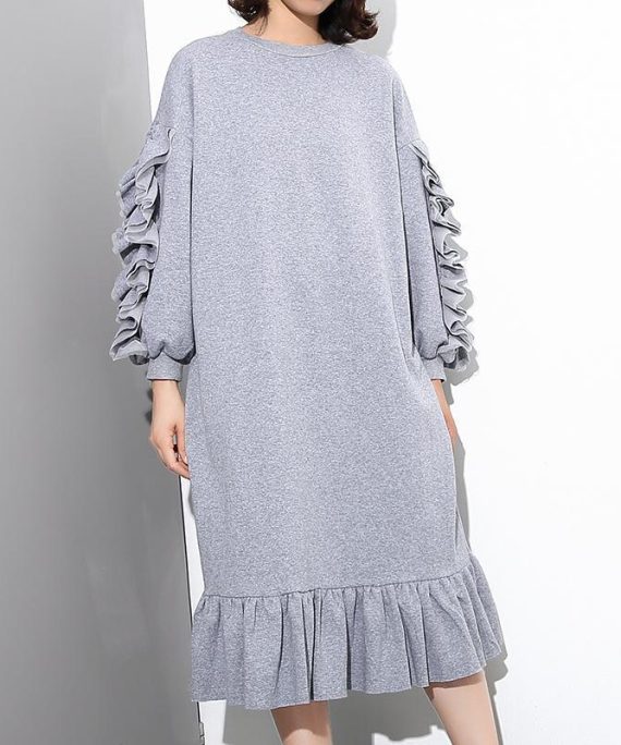 vintage gray cotton maxi dress Loose fitting O neck fall dresses New long sleeve Cinched caftans