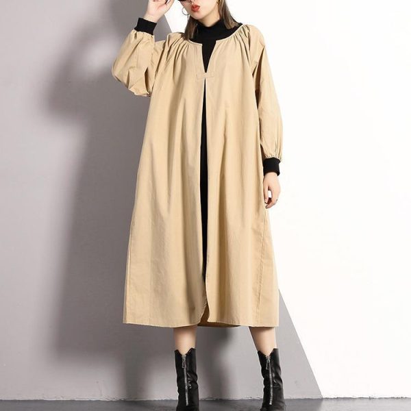 vintage khaki long cotton blended dress plus size Turtleneck caftans Elegant front side open false two pieces kaftans - Image 2