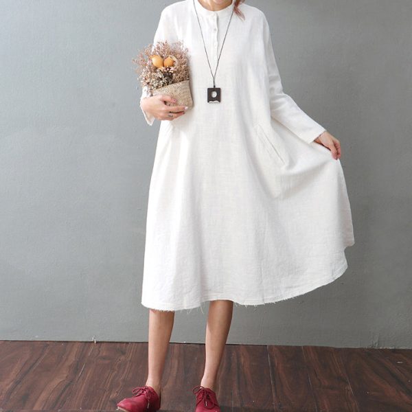 vintage white cotton linen caftans oversized Stand baggy dresses cotton linen clothing dress boutique long sleeve pockets maxi dresses - Image 2
