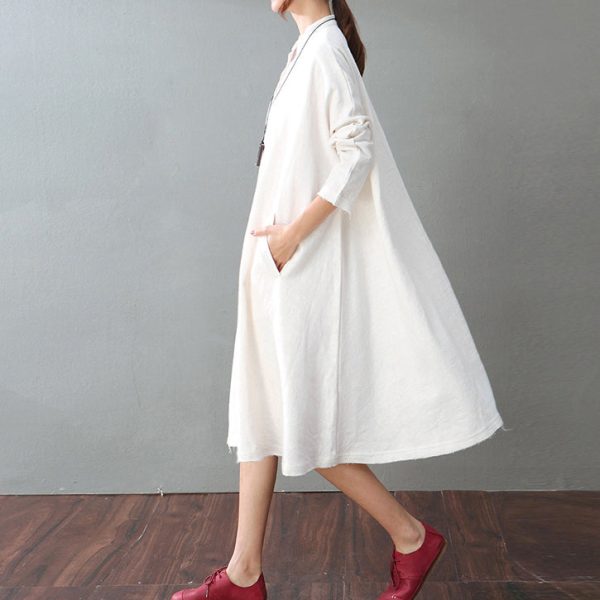 vintage white cotton linen caftans oversized Stand baggy dresses cotton linen clothing dress boutique long sleeve pockets maxi dresses - Image 3