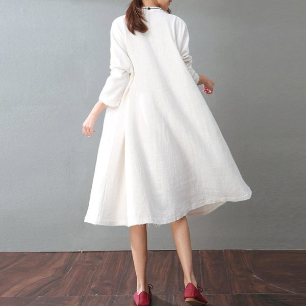 vintage white cotton linen caftans oversized Stand baggy dresses cotton linen clothing dress boutique long sleeve pockets maxi dresses - Image 4