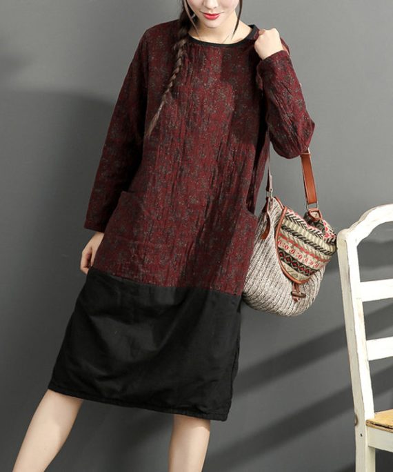 warm winter cotton outfits red prints casual plus size dresses patchwork o neck casual dress