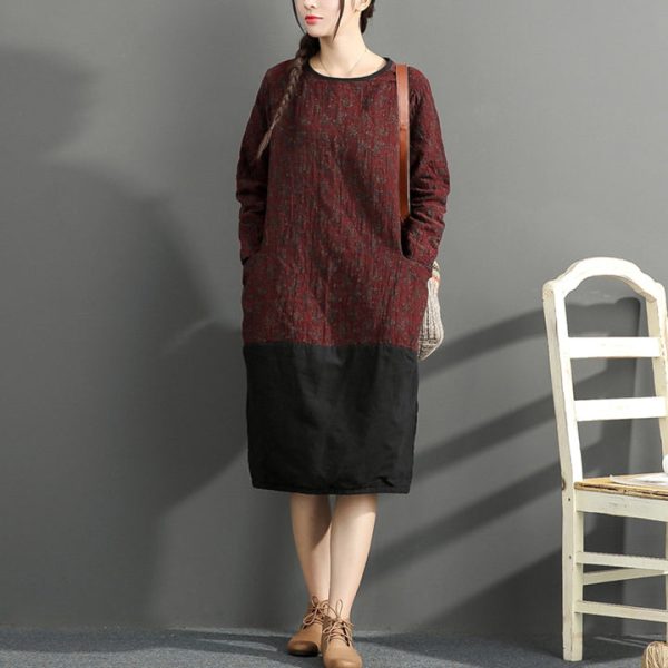 warm winter cotton outfits red prints casual plus size dresses patchwork o neck casual dress - Image 3