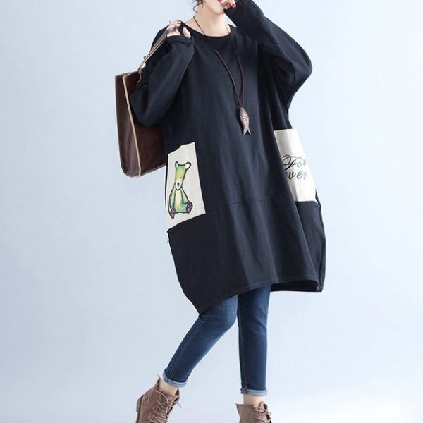 winter casual black cotton dresses plus size pockets long sleeve shift dress - Image 2